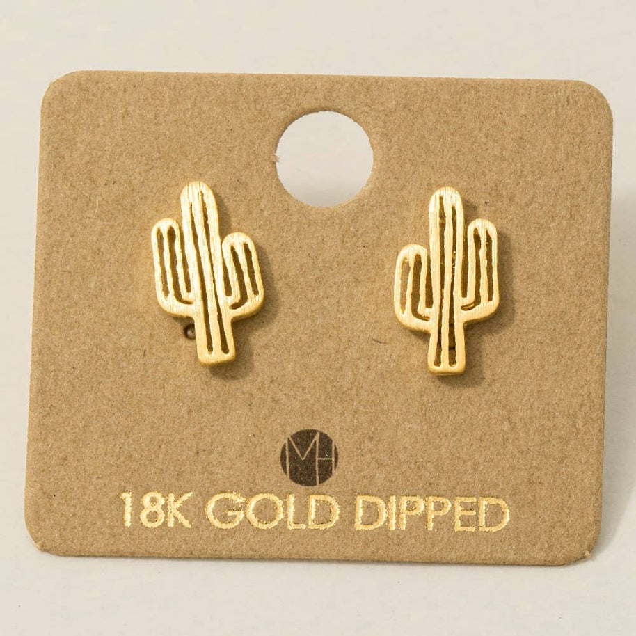 Gold Dipped Dainty Desert Cactus Stud Earrings