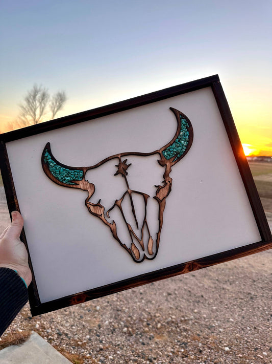 Handmade Wood Buffalo Decor with Turquoise