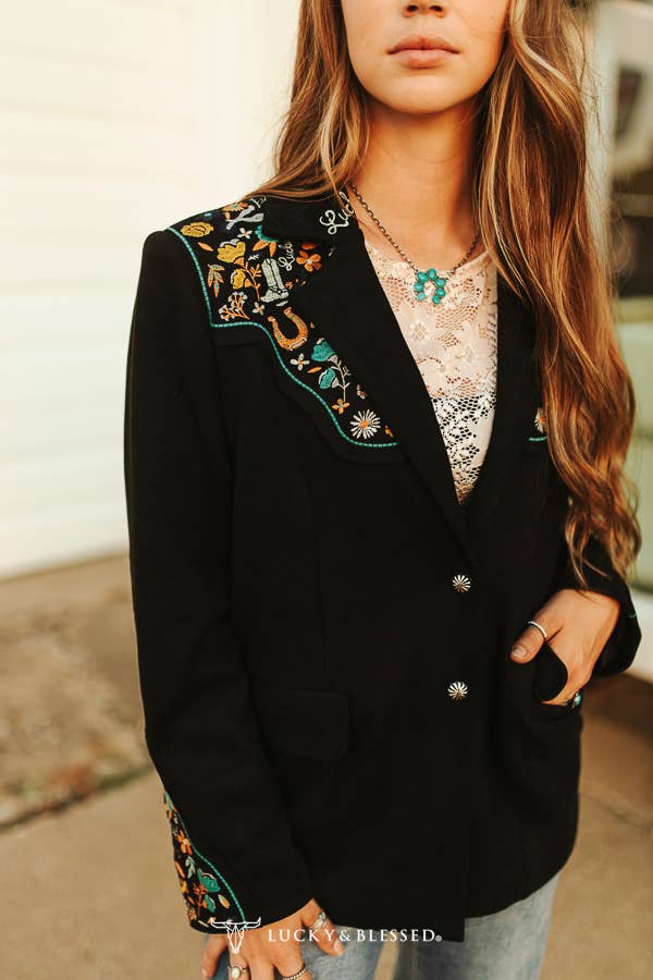 Black Sued Embroidered Yoke Blazer - S-3XL