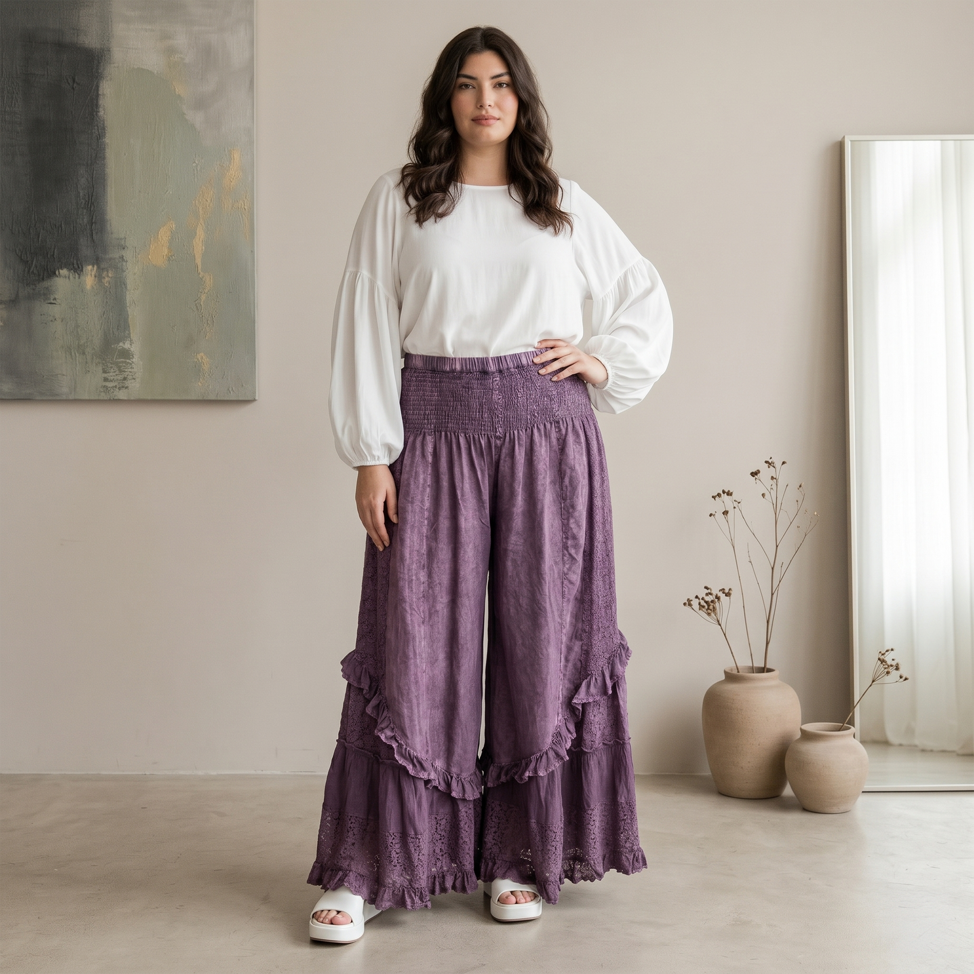 Mineral Wash Lace Tiered Ruffle Pants