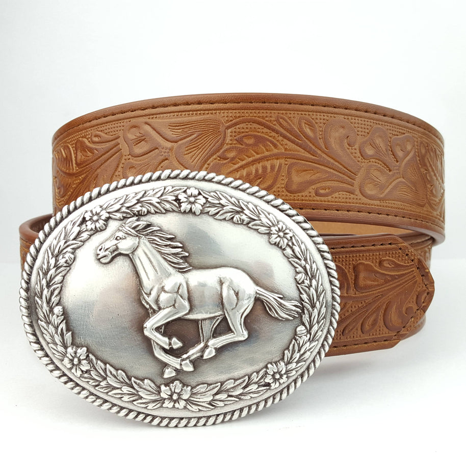 Silver Western Galloping Horse w. floral tooled belt