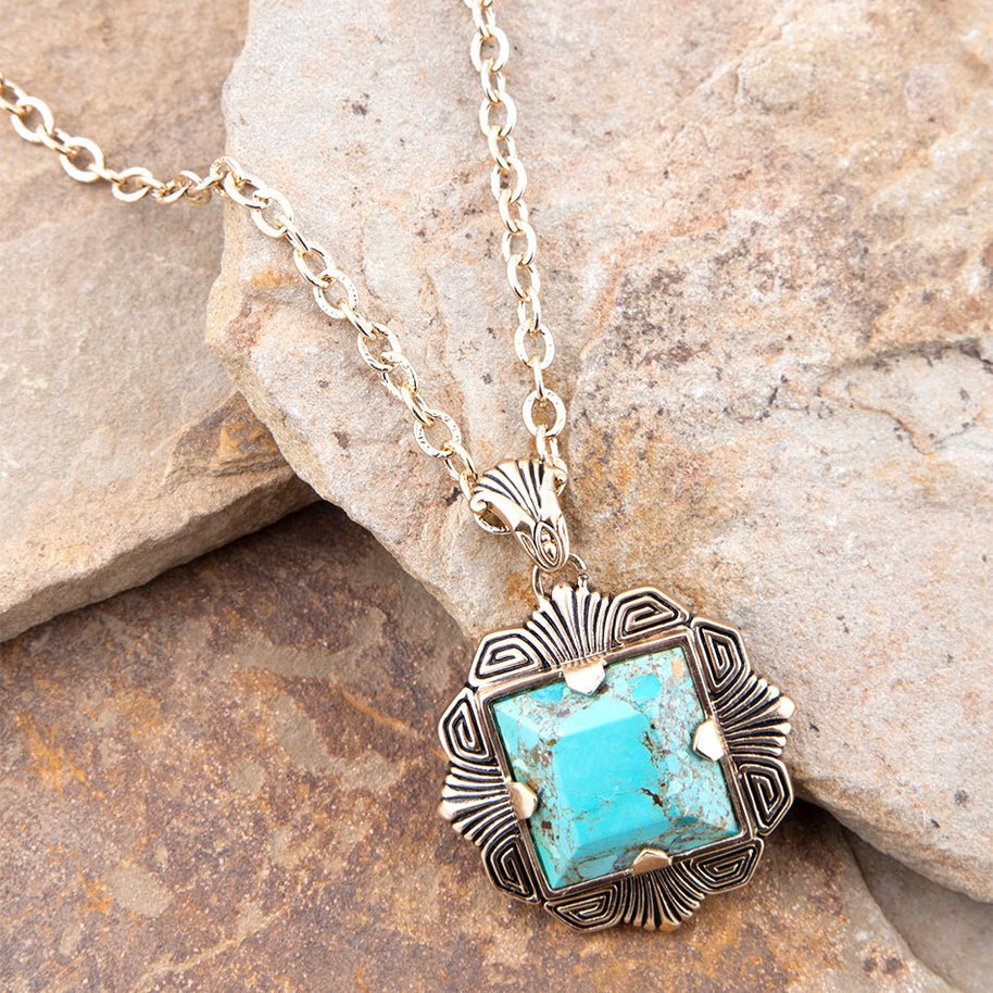 Blue Turquoise Square Golden Pendant Necklace