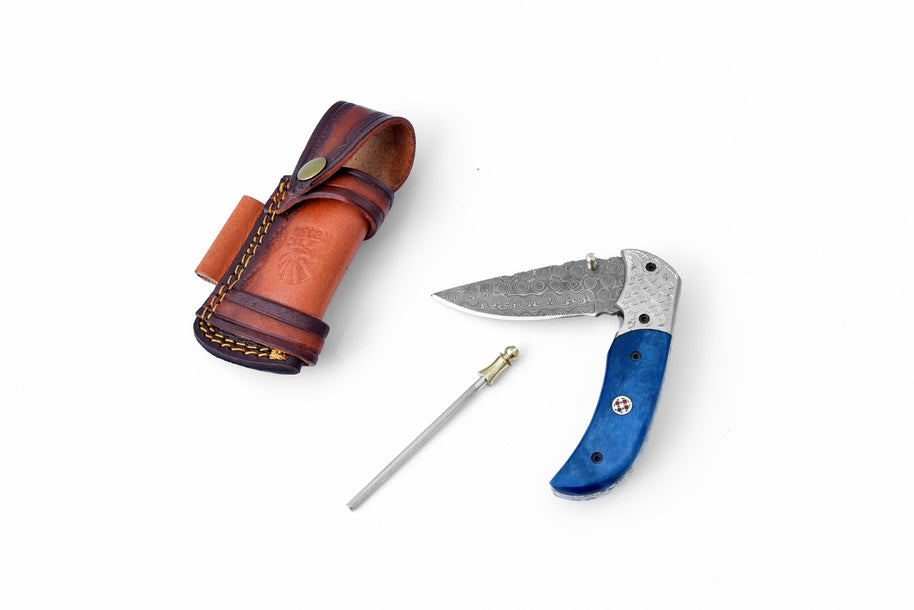 Damascus Steel Folding Knife Dyed Blue Bone