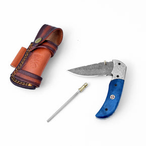 Damascus Steel Folding Knife Dyed Blue Bone