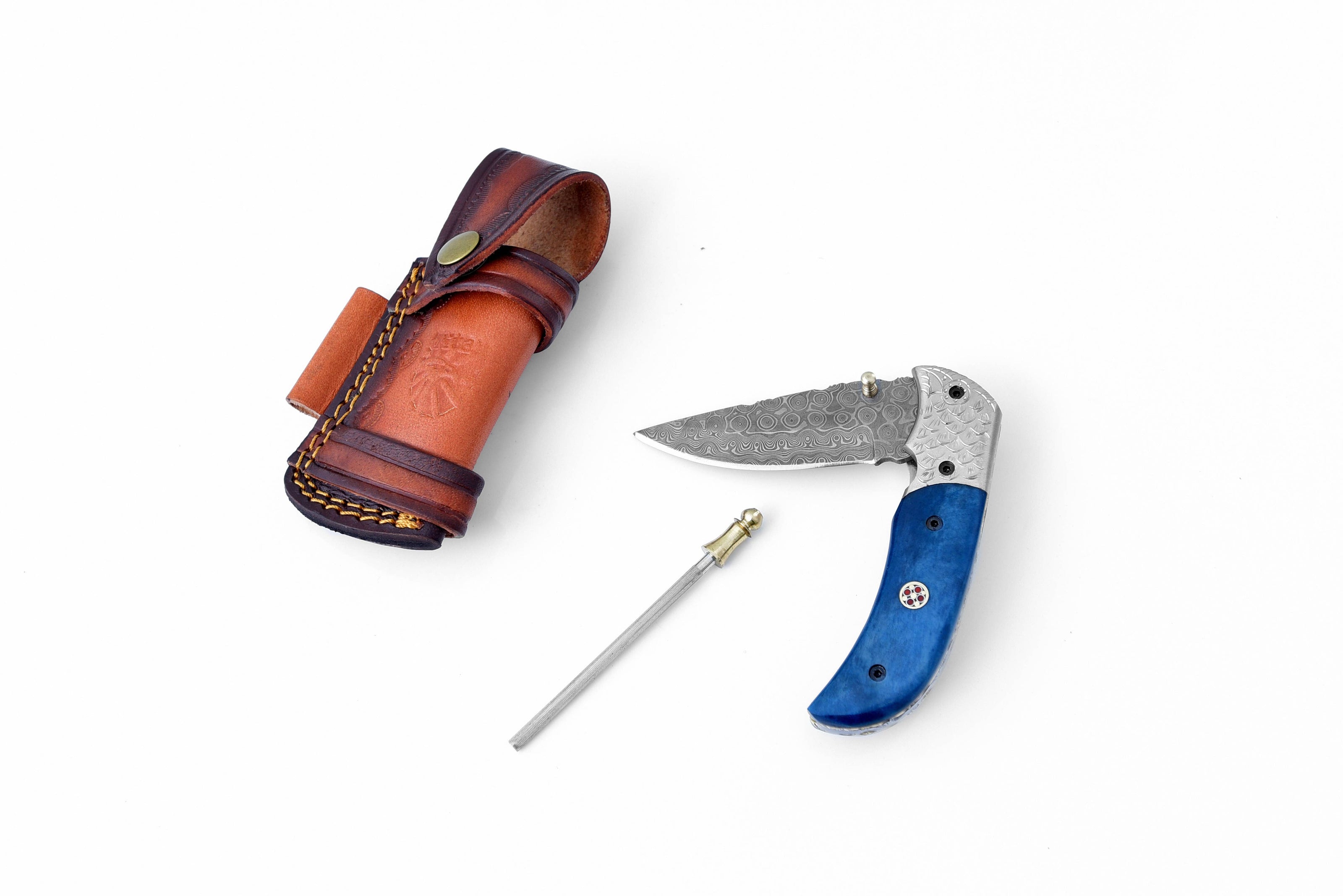 Damascus Steel Folding Knife Dyed Blue Bone