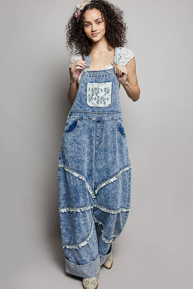 Relaxed Fit Lace Trim Overalls