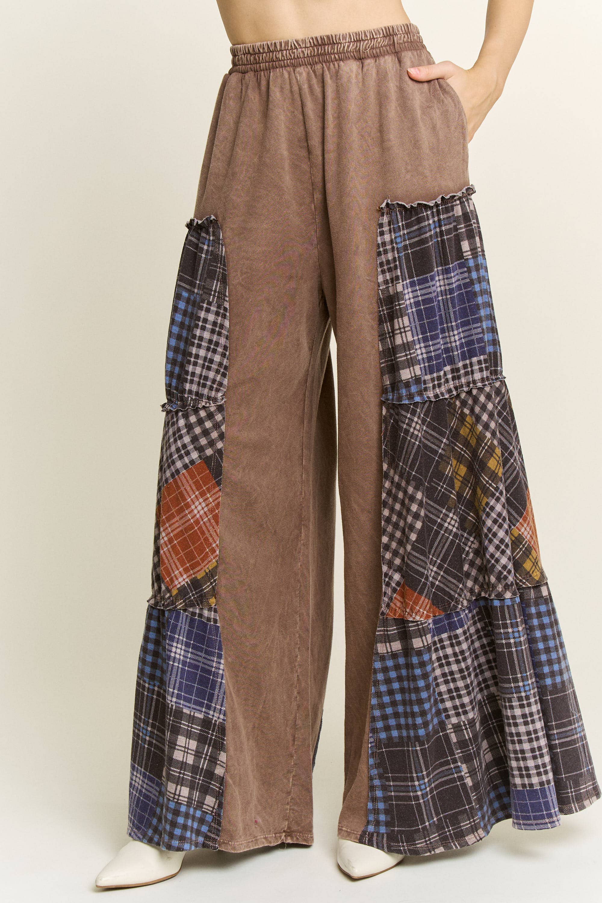 Mineral Washed Tiered Plaid Wide Flare pants HP6675