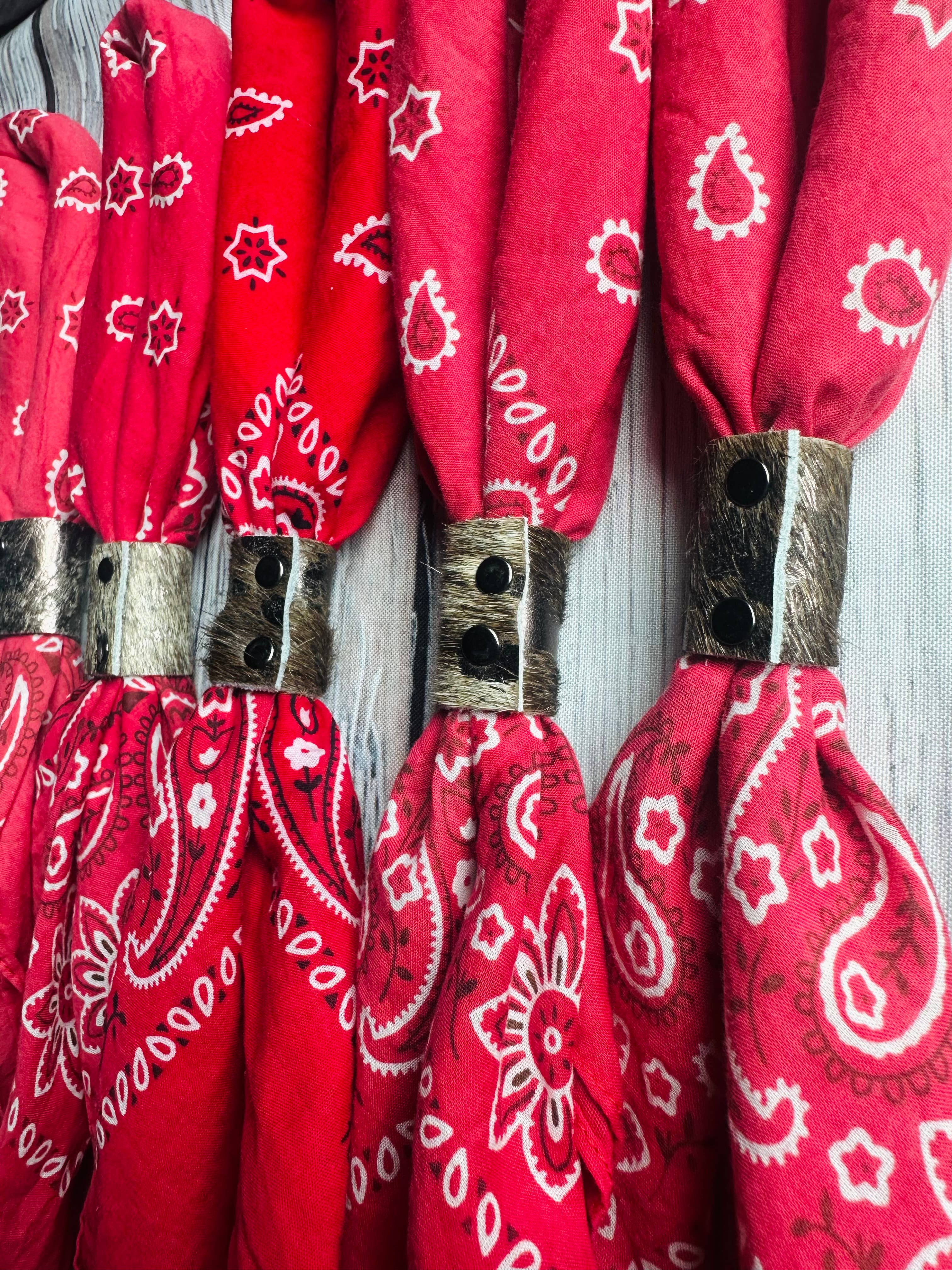 Bright Red Hand Dyed Bandanas With Leather Slides 