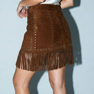 Faux Suede Star Fringe Mini Skirt, Brown
