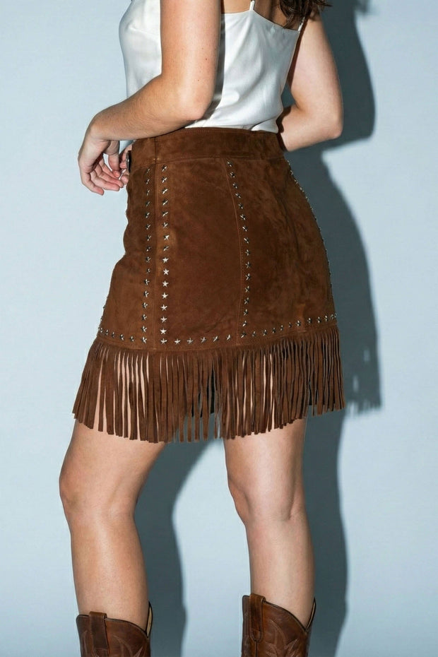 Faux Suede Star Fringe Mini Skirt, Brown