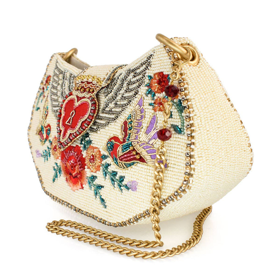 Keepsake Beaded Heart Wings and Lock Crossbody Handbag