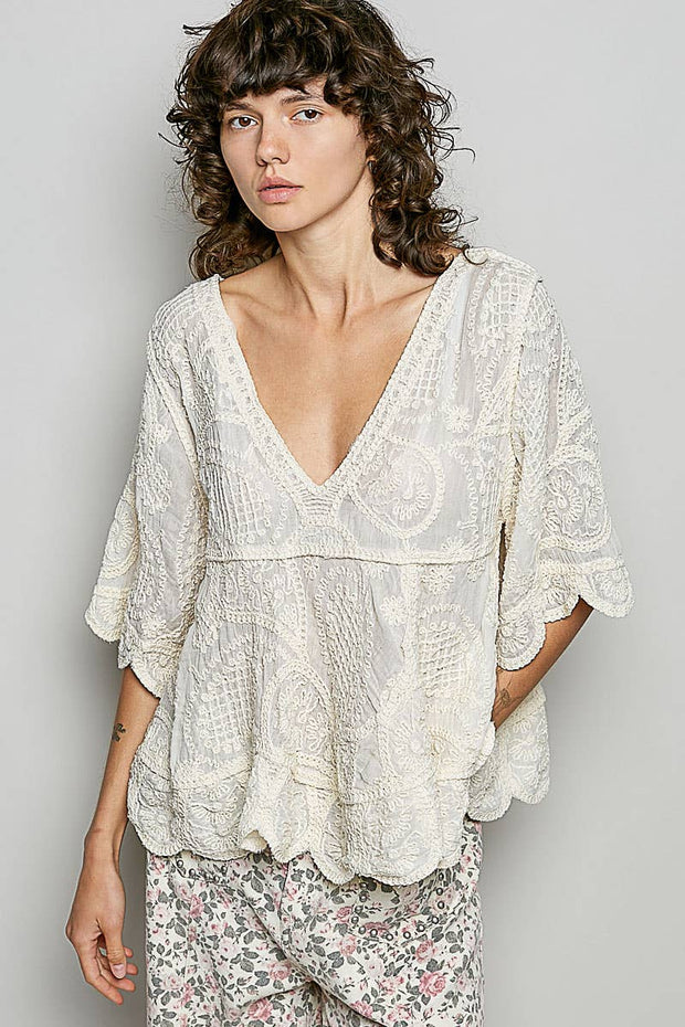 V-neck Solid Crochet Top