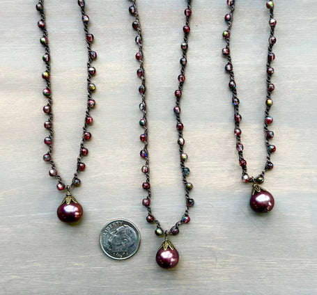 Antique Rose Freshwater Pearl Drop Crocheted Necklace