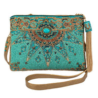 New Day Beaded Mosaic Themed Crossbody Leather Handbag