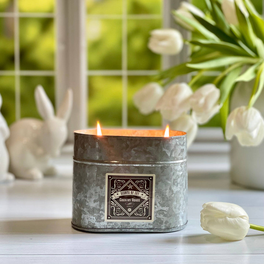 Country Roads Galvanized Oval Tin Soy Candle