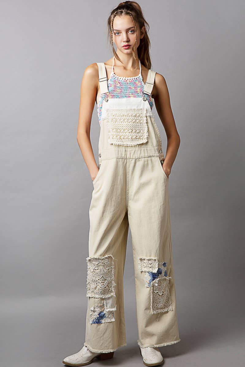 Crochet patchwork detail casual denim overalls