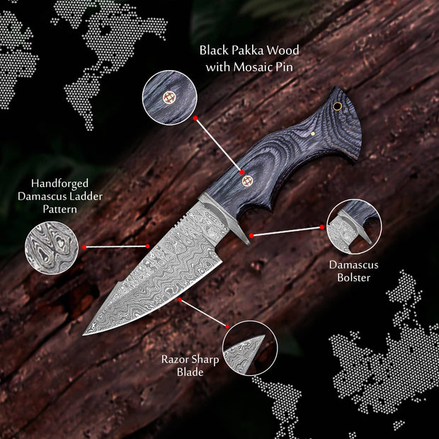 10" Damascus Knife with Black Wood Handle, Handmade