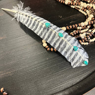 Turquoise Studded White Barred Turkey Feather