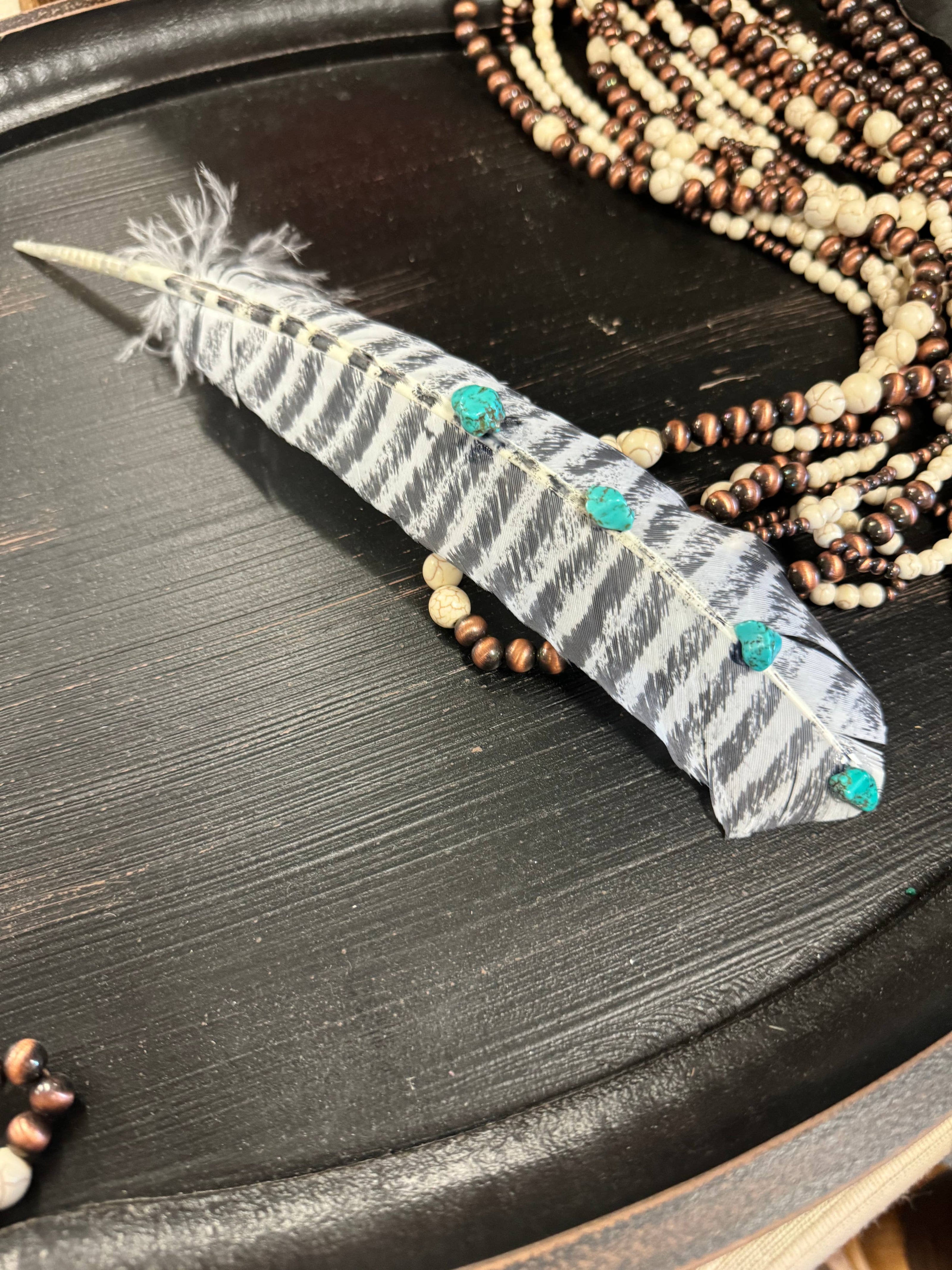Turquoise Studded White Barred Turkey Feather