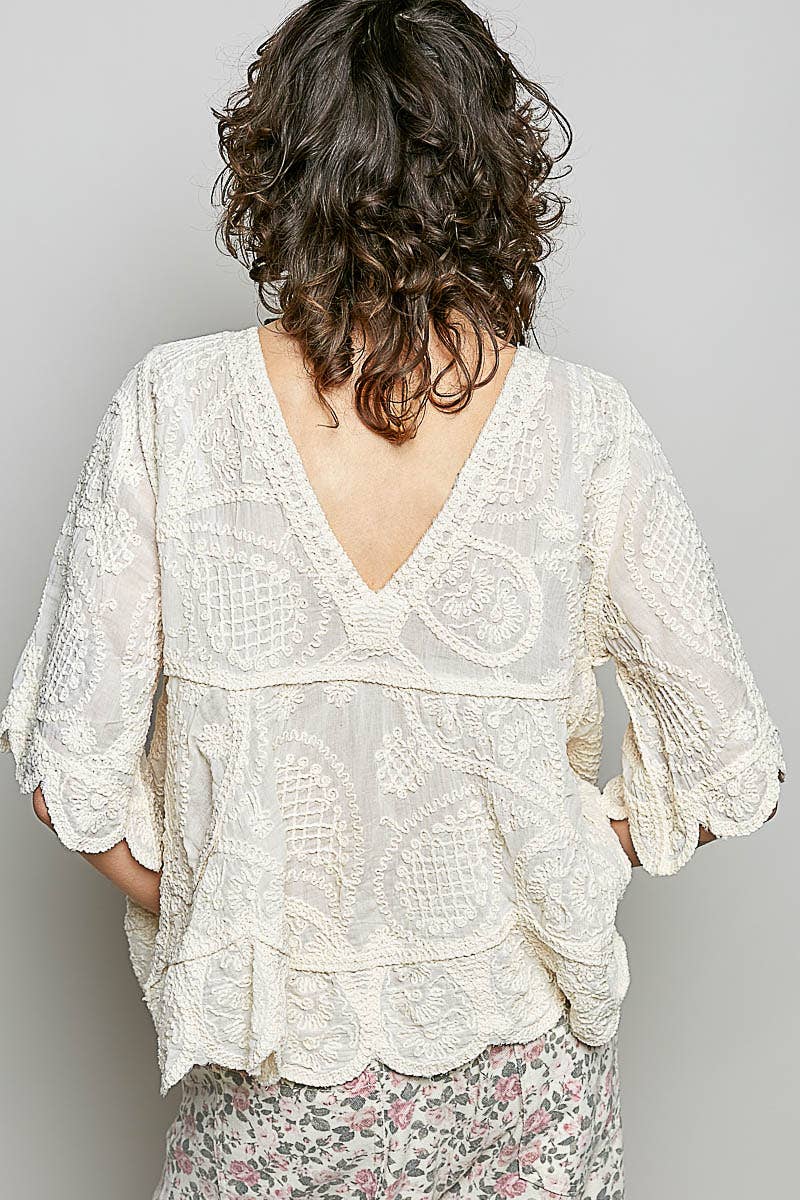 V-neck Solid Crochet Top