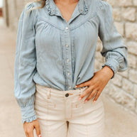 Light Wash Long-Sleeve Denim Pearl Snap