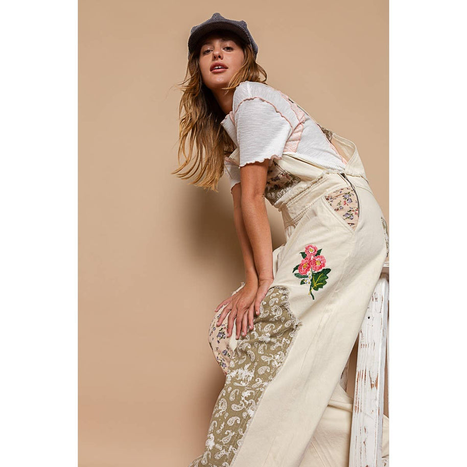 Patchwork Denim Overall, Almond