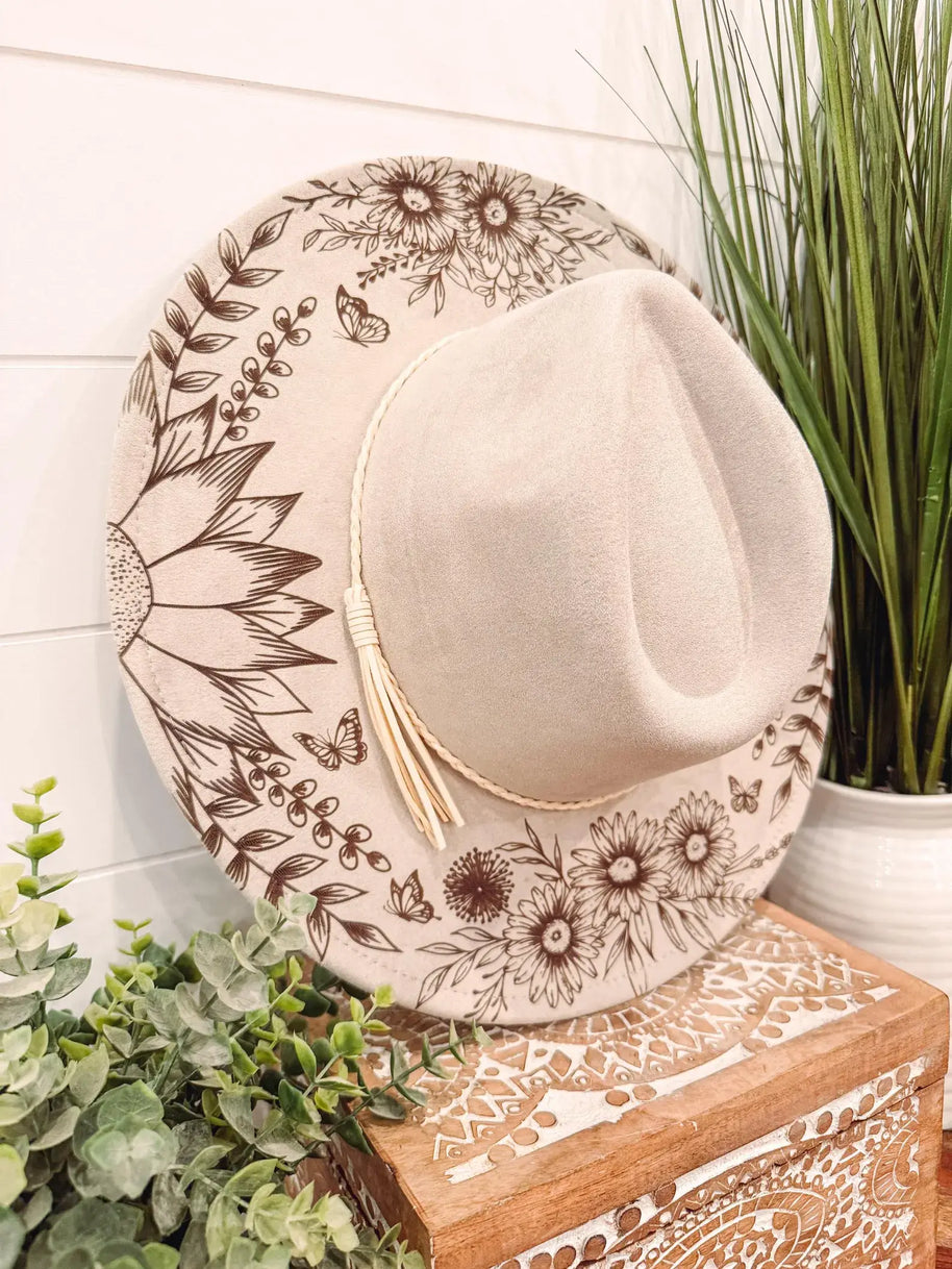 Engraved Floral Rancher Hat, Full Brim