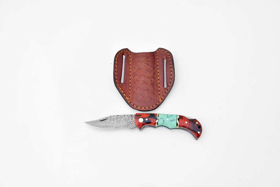 Damascus Steel Limited Run Red & Blue Pocket Knife