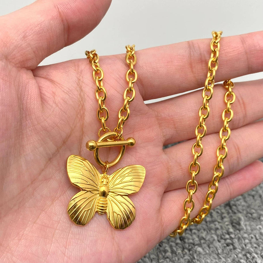 Butterfly 18K GP Steel Buckle Necklace