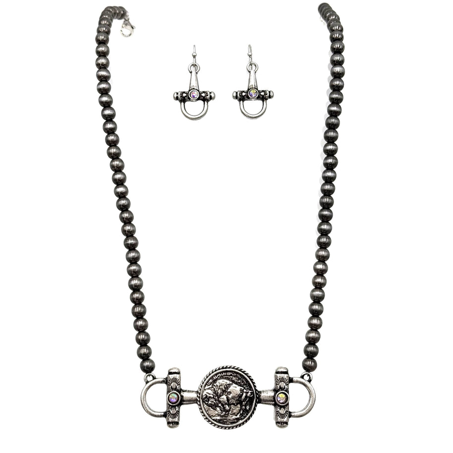 Horsebit Buffalo Coin Western Necklace Earrings Set