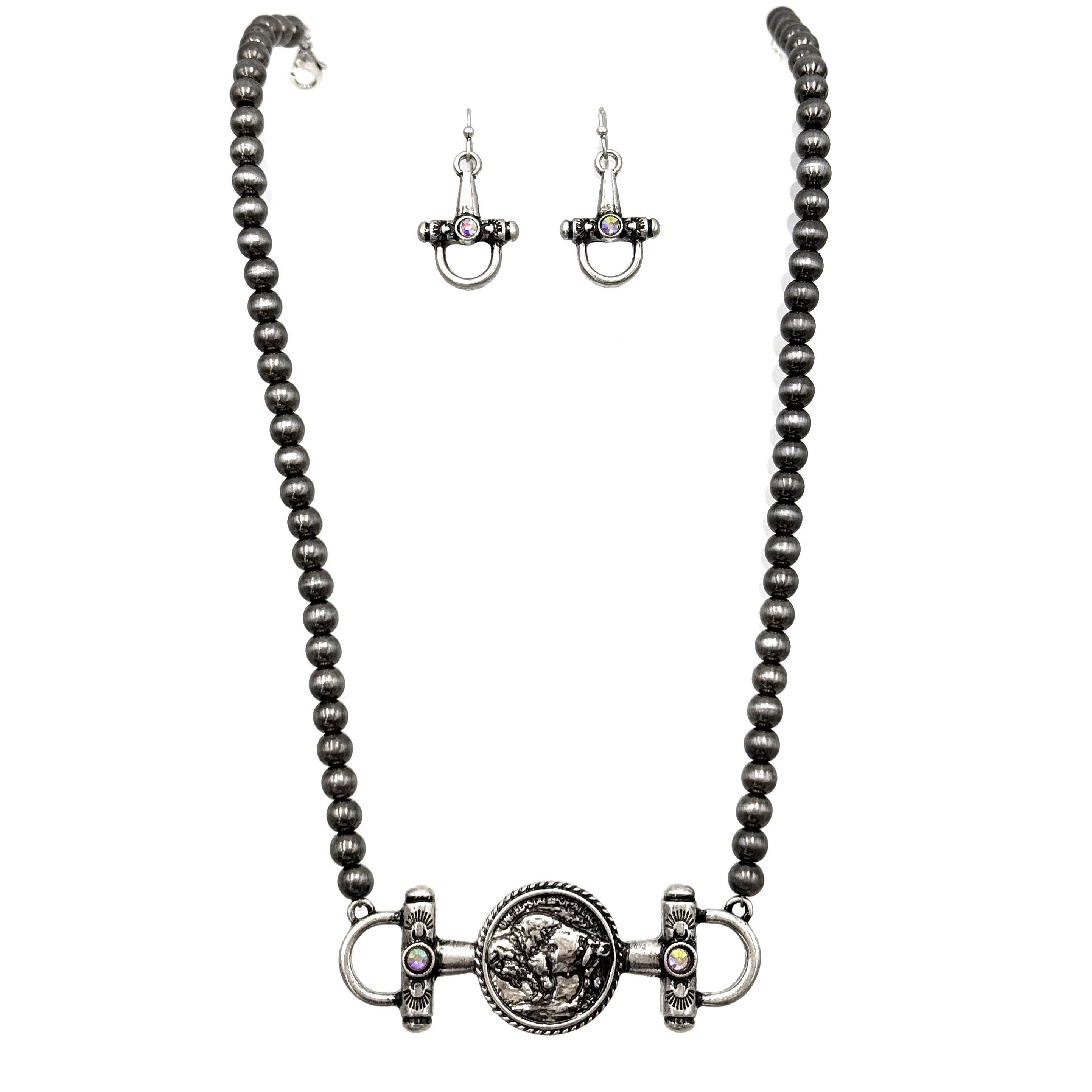 Horsebit Buffalo Coin Western Necklace Earrings Set