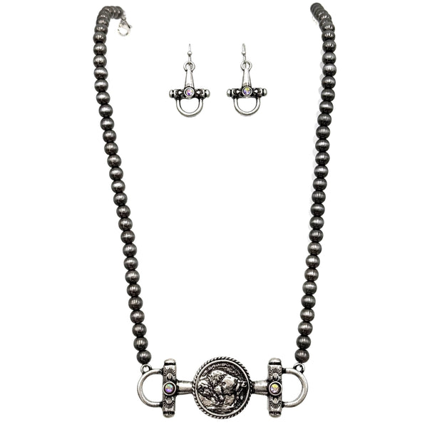 Horsebit Buffalo Coin Western Necklace Earrings Set