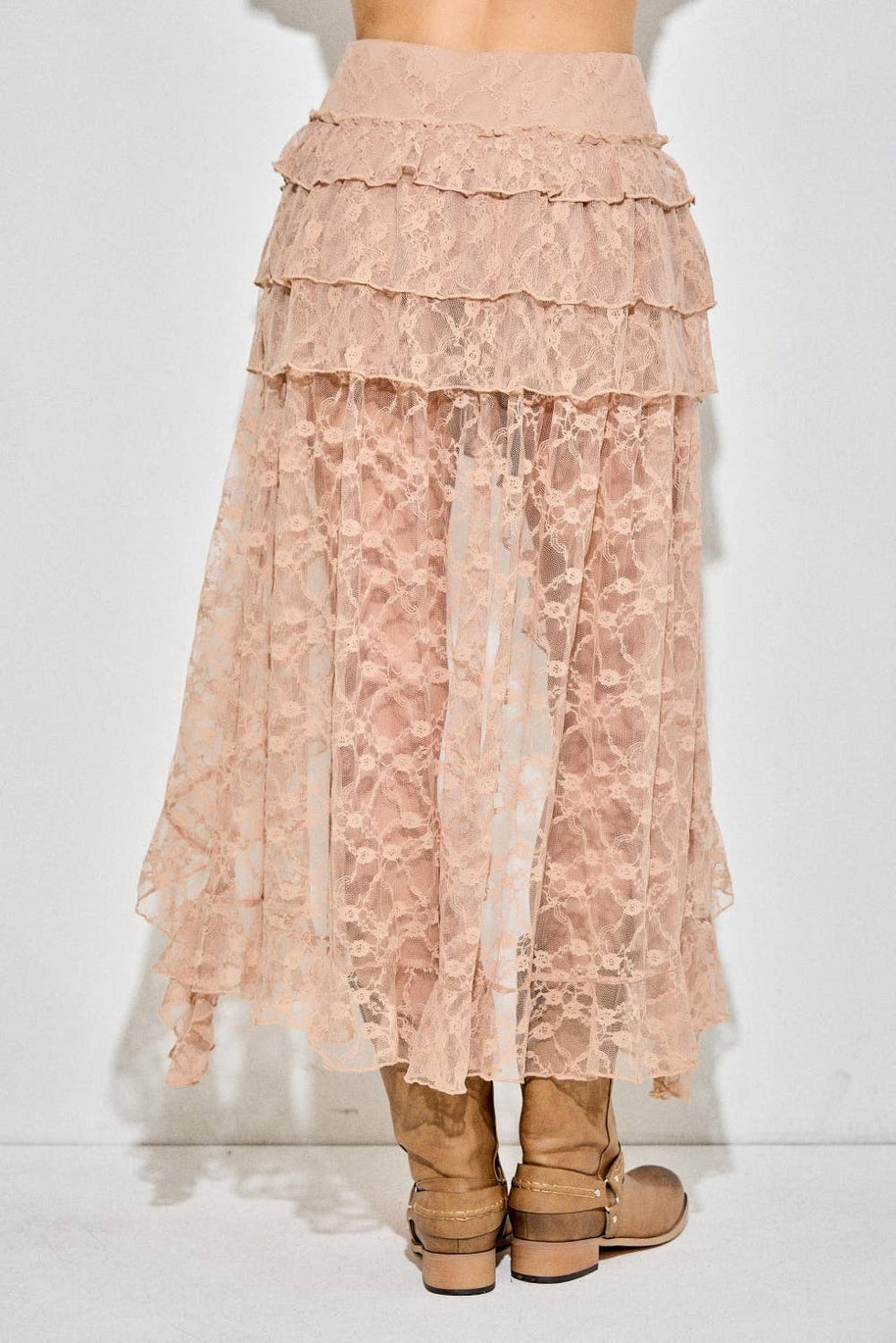 Lace Ruffle High-Low Skirt, Taupe