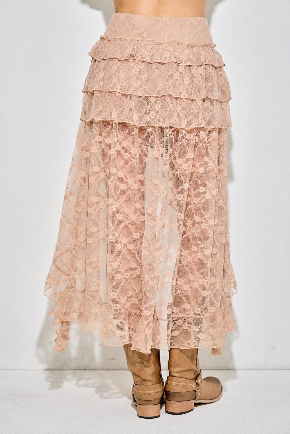 Lace Ruffle High-Low Skirt, Taupe