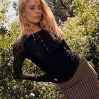 Lace Raglan-Sleeve Henley Top, Black