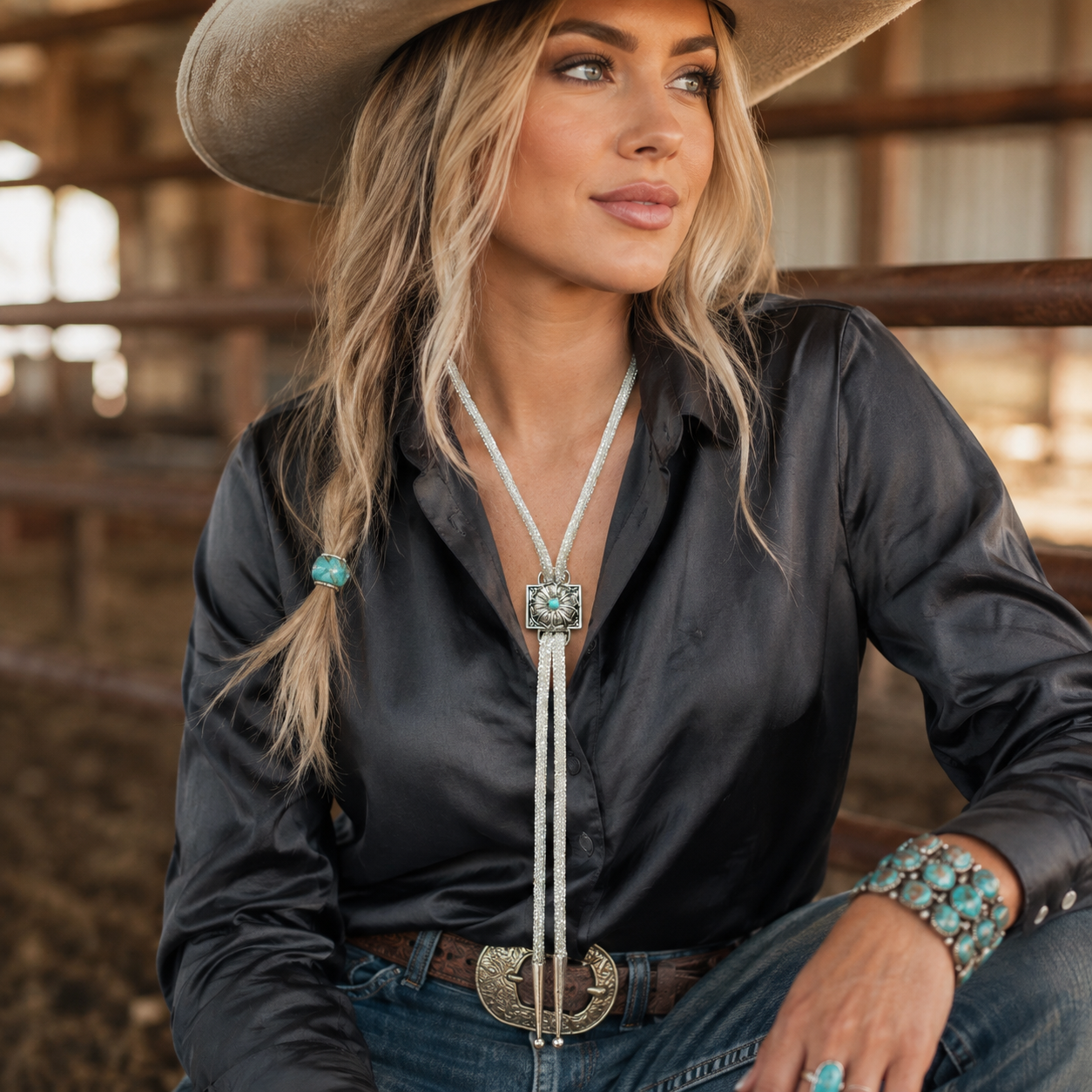 Clear Rhinestone Bolo, Turquoise Slide