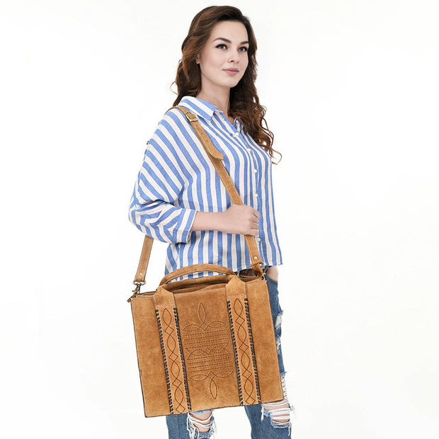 Western Leather Tote Bag with Hand-Stitched Detailing
