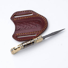Brass & Bone Damascus Folding Knife with Leather Sheath