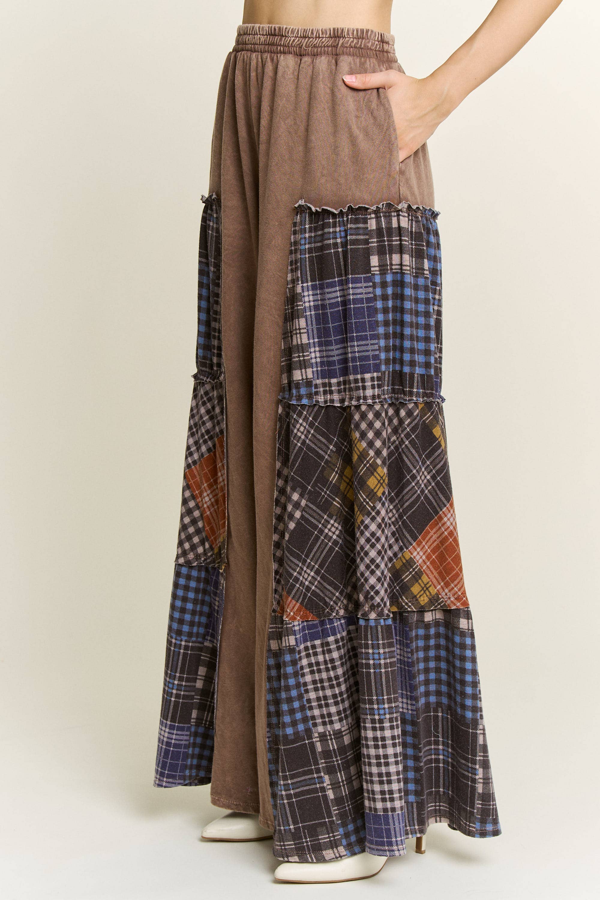Mineral Washed Tiered Plaid Wide Flare pants HP6675