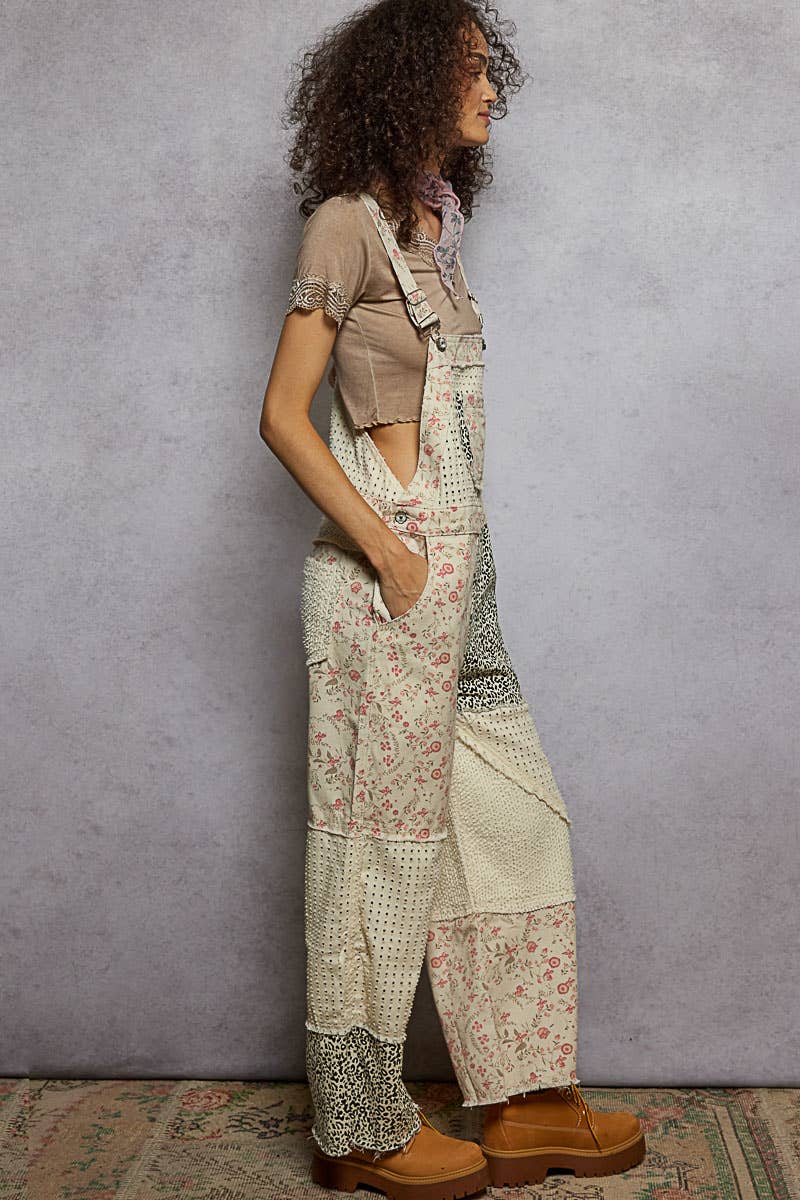 Animal Print & Floral Overalls, Cream
