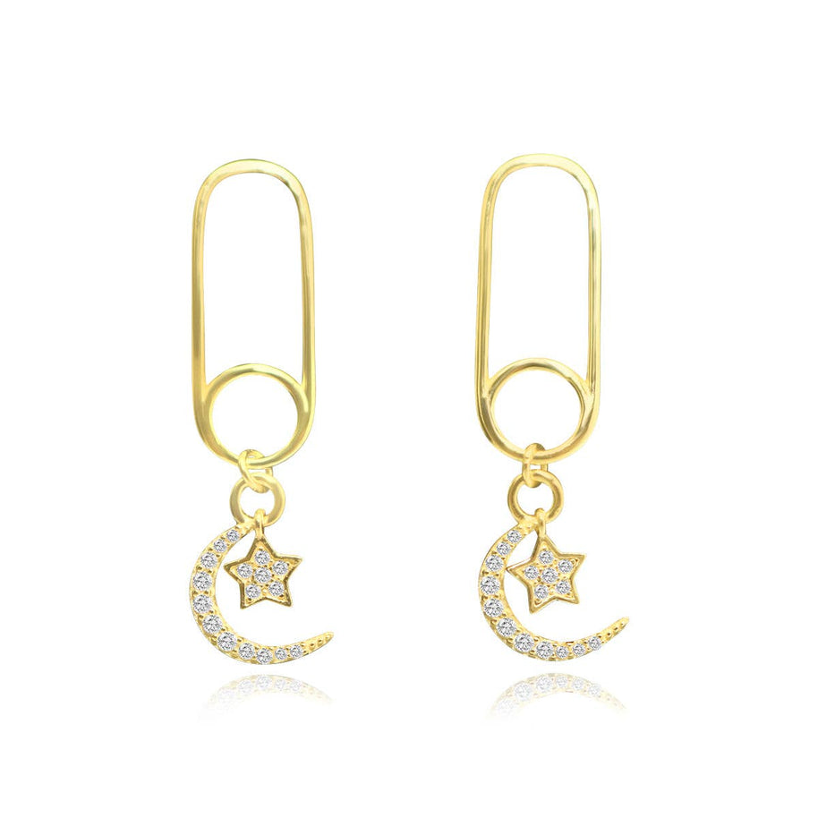 Gold Plated Sterling Silver Paperclip Moon Star Earrings