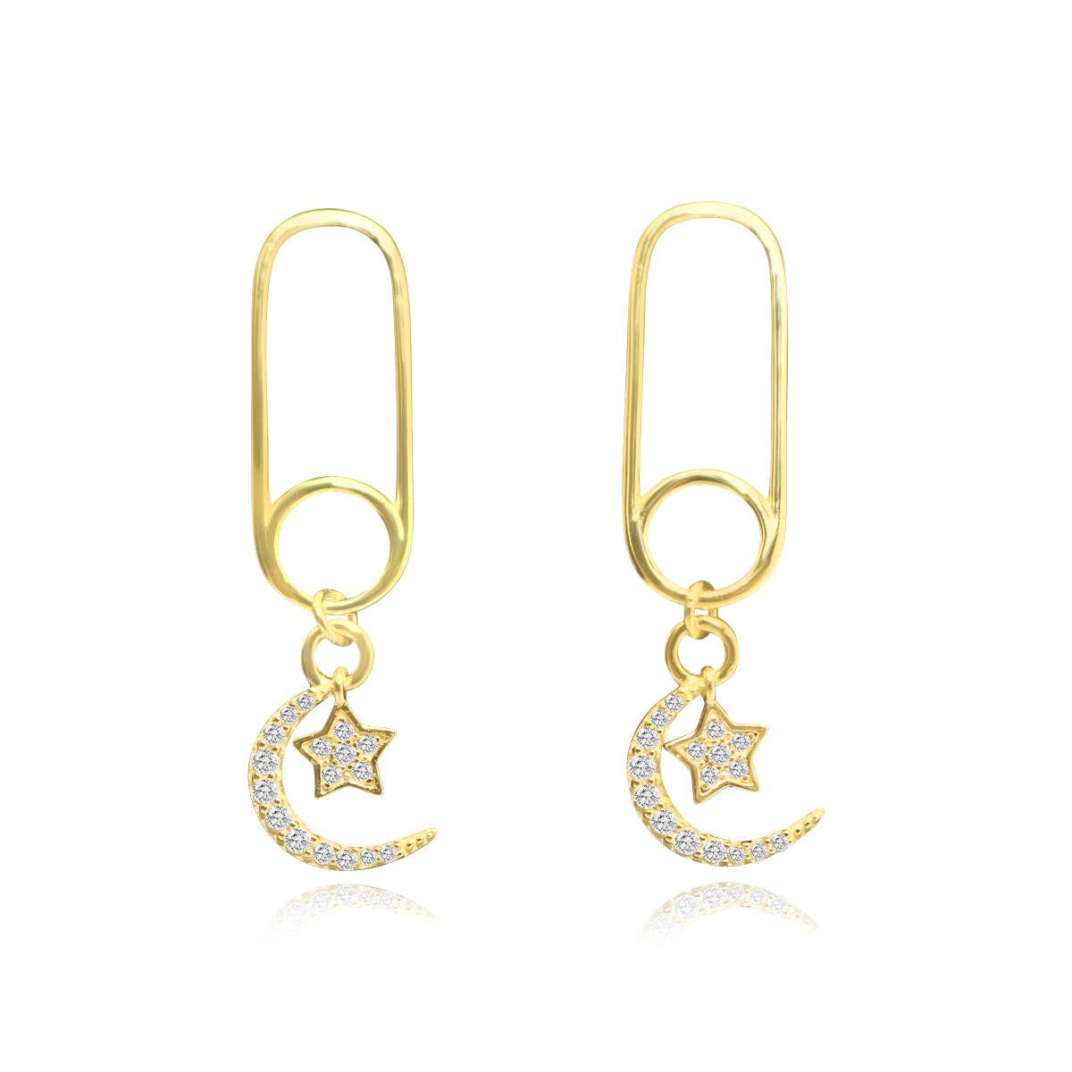Gold Plated Sterling Silver Paperclip Moon Star Earrings