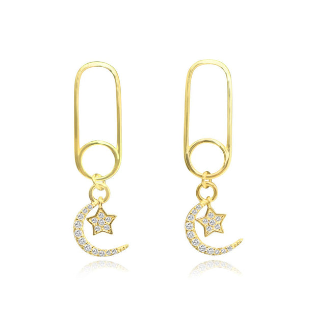 Gold Plated Sterling Silver Paperclip Moon Star Earrings