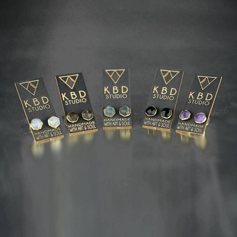 Semi Precious Hexagon Gemstone Studs (8mm gold)