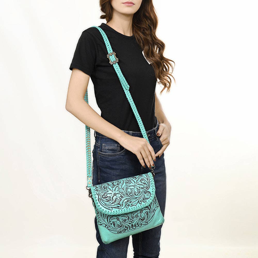 Hand-Tooled Floral Leather Envelope Purse, Multiple Colors