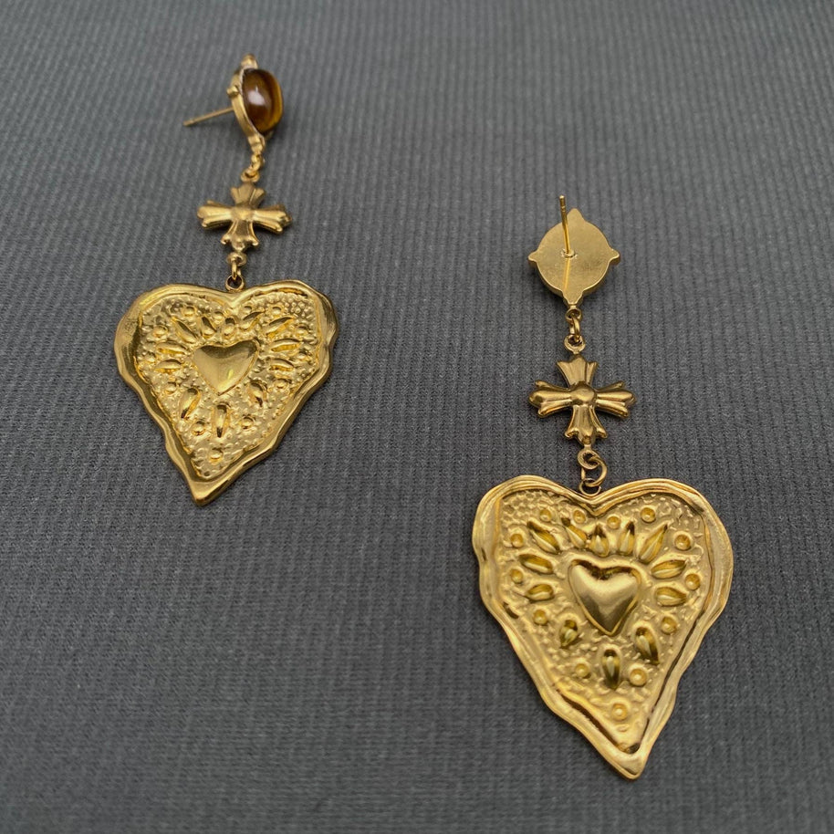 Hammered heart-shaped pattern 18K Golden SS Earrings