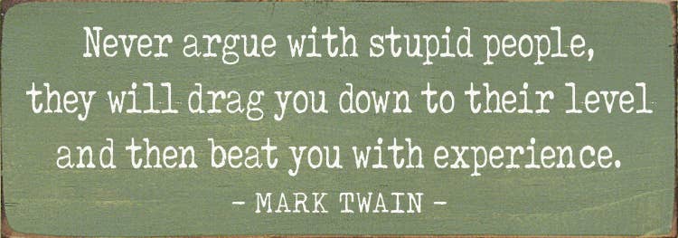 Never argue with stupid people  - Funny Wood Mark Twain Sign
