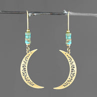 Laser Cut Delicate Moon & Turquoise Long Wire Earrings