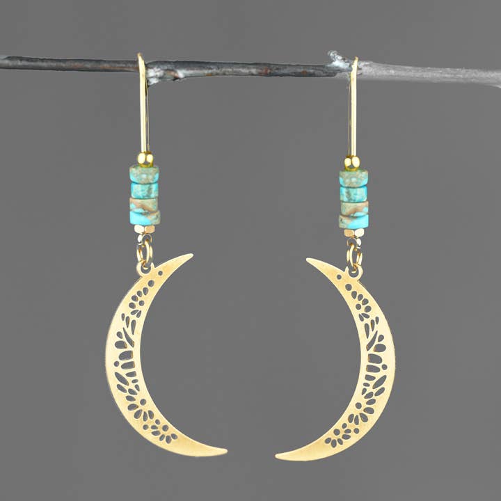 Laser Cut Delicate Moon & Turquoise Long Wire Earrings