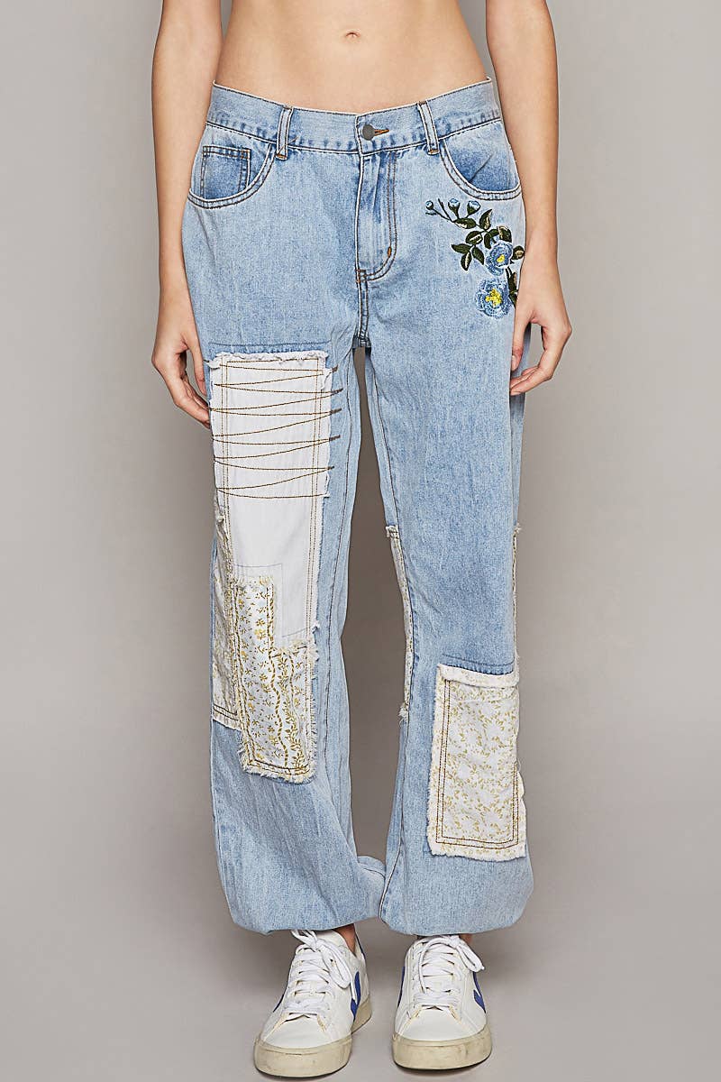 Embroidered Patchwork detail Jogger Pants